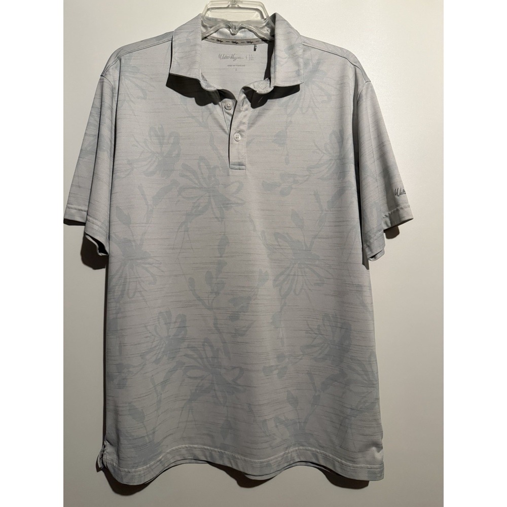 Walter Hagen Men's Gray Floral Knit Polo Shirt Collared Logo L. F6073